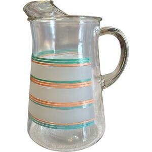 Vintage Striped Glass Pitcher Turquoise Peach Retro